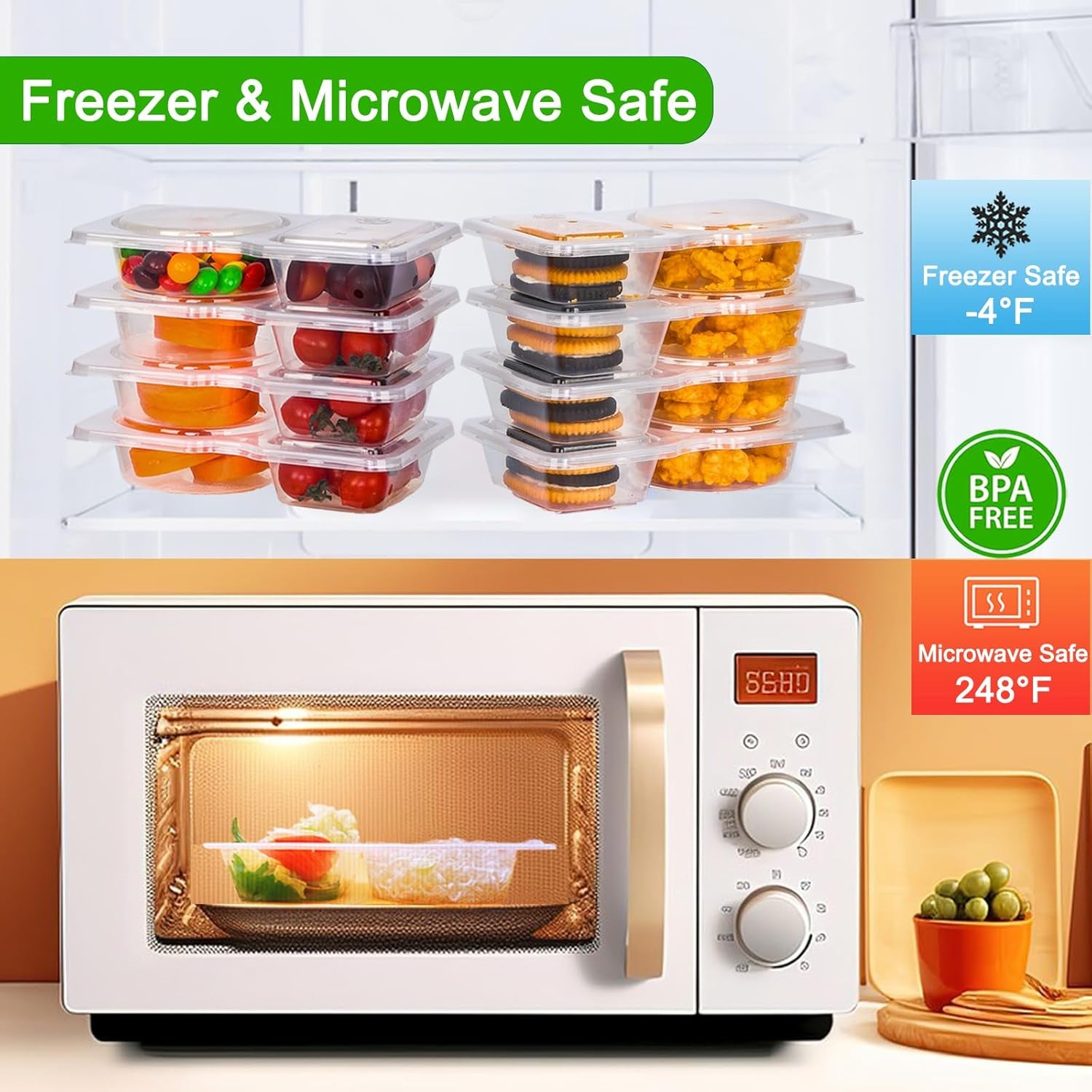 8 Sets Double Compartment Condiment Container with Lids, Mini Plastic Snack Containers with Spoons, BPA Free | Microwave Safe | Leakproof Food Storage, to Go Food Containers, Take Out Sauce Container