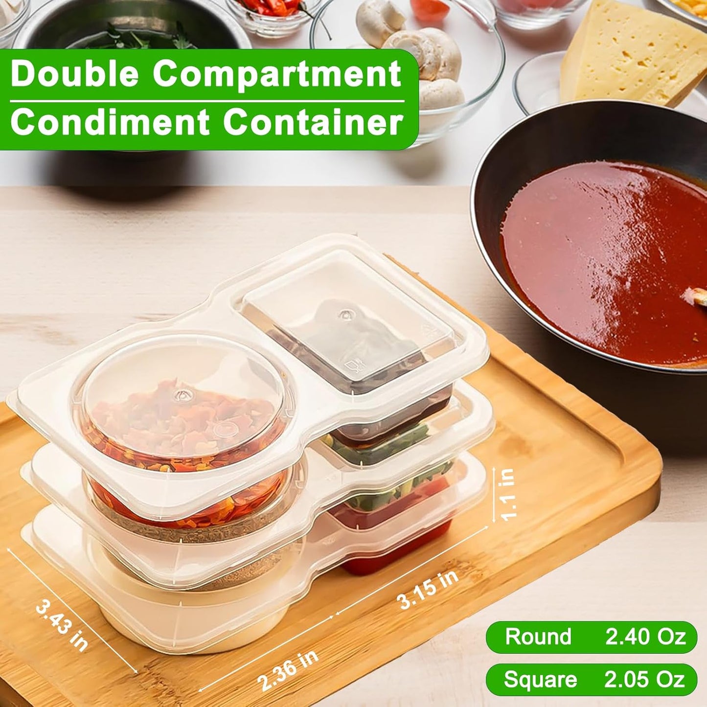 8 Sets Double Compartment Condiment Container with Lids, Mini Plastic Snack Containers with Spoons, BPA Free | Microwave Safe | Leakproof Food Storage, to Go Food Containers, Take Out Sauce Container