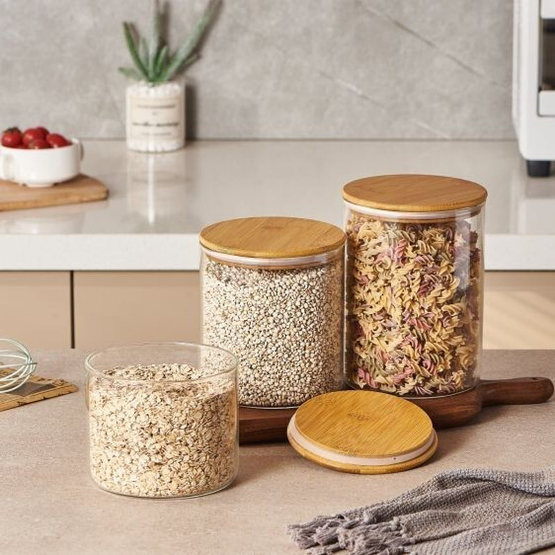 Round Glass Storage Jar with Bamboo Lid – Airtight Food Container - (5 Sizes)