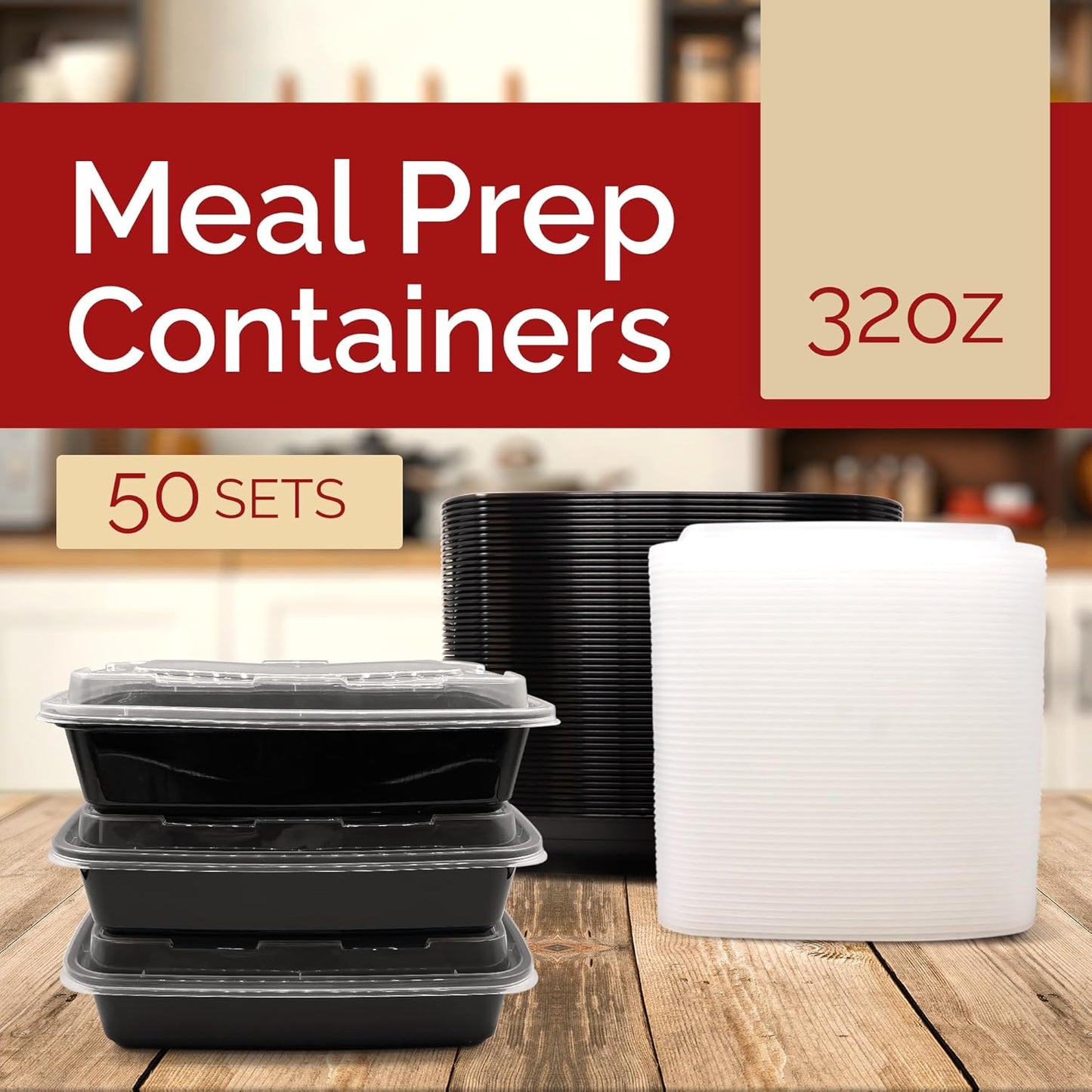 Meal Prep Containers (50 Pack, 32 Oz.) | 1 Compartment Food Containers with Lids | Microwavable Freezer Dishwasher Safe - Bento Box