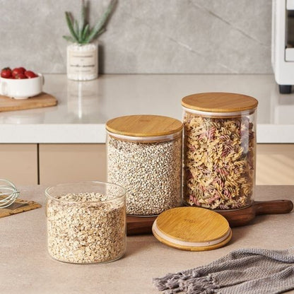 Round Glass Storage Jar with Bamboo Lid – Airtight Food Container - (5 Sizes)