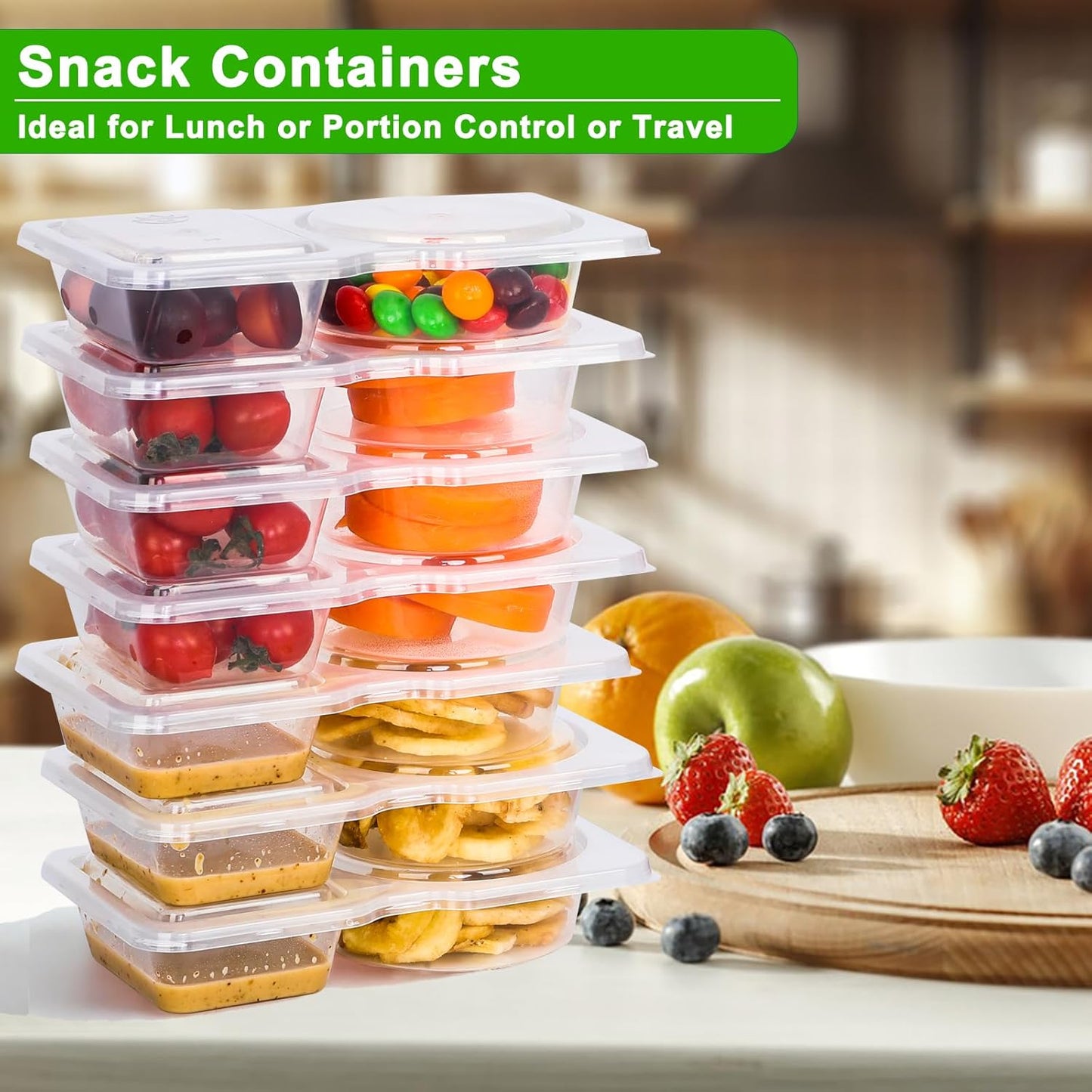 8 Sets Double Compartment Condiment Container with Lids, Mini Plastic Snack Containers with Spoons, BPA Free | Microwave Safe | Leakproof Food Storage, to Go Food Containers, Take Out Sauce Container
