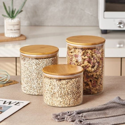 Round Glass Storage Jar with Bamboo Lid – Airtight Food Container - (5 Sizes)