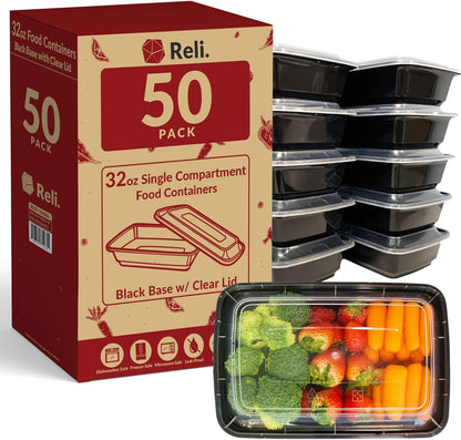 Meal Prep Containers (50 Pack, 32 Oz.) | 1 Compartment Food Containers with Lids | Microwavable Freezer Dishwasher Safe - Bento Box