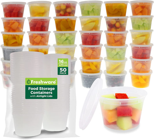 Food Storage Containers [50 Set] 16 Oz Plastic Deli Containers with Lids, Slime, Soup, Meal Prep Containers | BPA Free | Stackable | Leakproof | Microwave/Dishwasher/Freezer Safe
