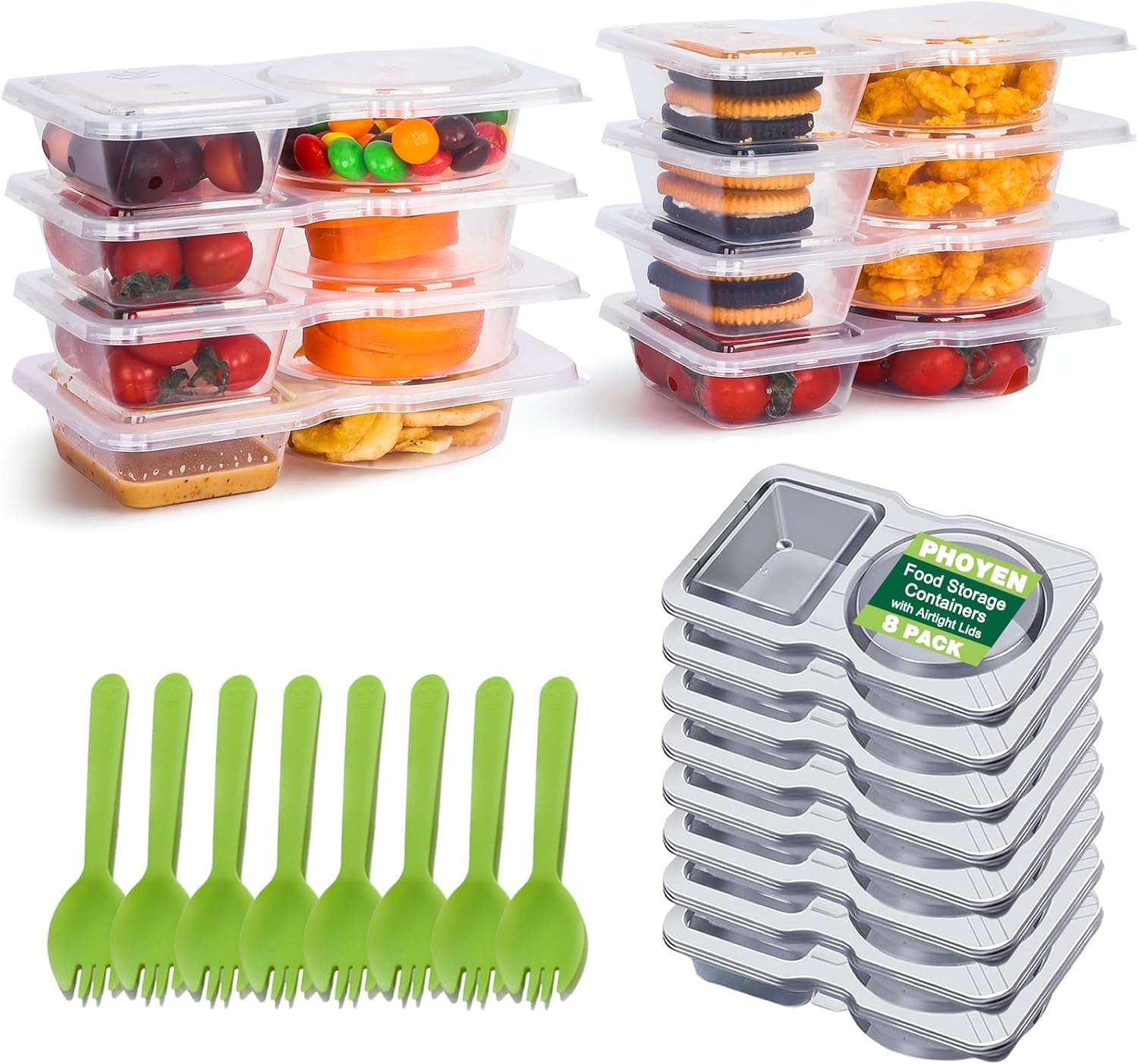 8 Sets Double Compartment Condiment Container with Lids, Mini Plastic Snack Containers with Spoons, BPA Free | Microwave Safe | Leakproof Food Storage, to Go Food Containers, Take Out Sauce Container