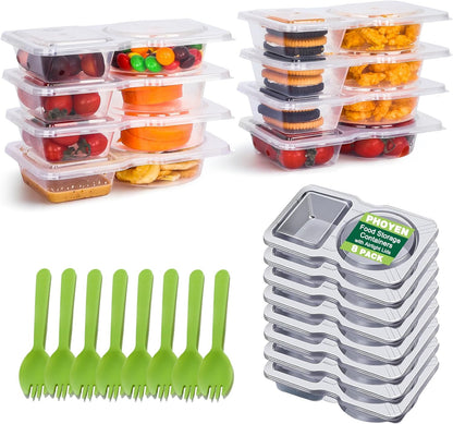 8 Sets Double Compartment Condiment Container with Lids, Mini Plastic Snack Containers with Spoons, BPA Free | Microwave Safe | Leakproof Food Storage, to Go Food Containers, Take Out Sauce Container