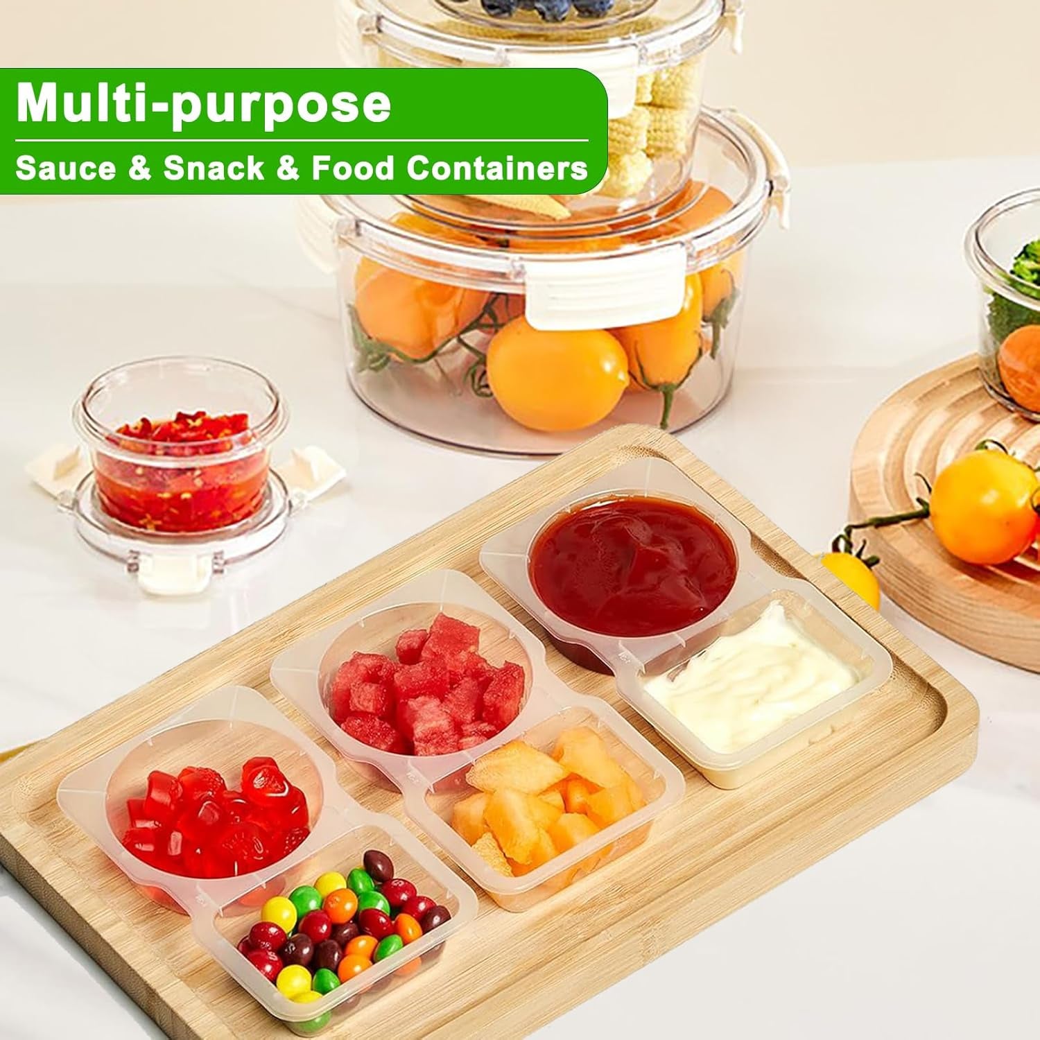 8 Sets Double Compartment Condiment Container with Lids, Mini Plastic Snack Containers with Spoons, BPA Free | Microwave Safe | Leakproof Food Storage, to Go Food Containers, Take Out Sauce Container