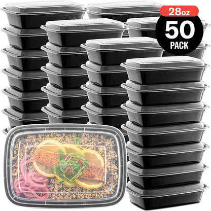50-Pack Reusable Meal Prep Containers Microwave Safe Food Storage Containers with Lids, 28 Oz - 1 Compartment Take Out Disposable Plastic Bento Lunch Box to Go, BPA Free - Dishwasher & Freezer Safe